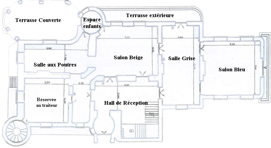 Plan des salles, terrasses au rez de chaussée Château du Repaire à Vigeois en Corrèze